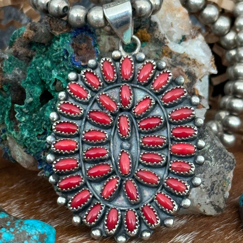 Mediterranean coral statement sterling silver Southwestern pendant